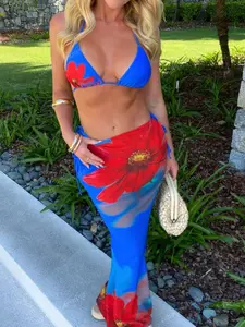 2026 New Women's 3-Piece Bikini Set – Sexy Tie-Up with Printed Long Skirt Cover-Up