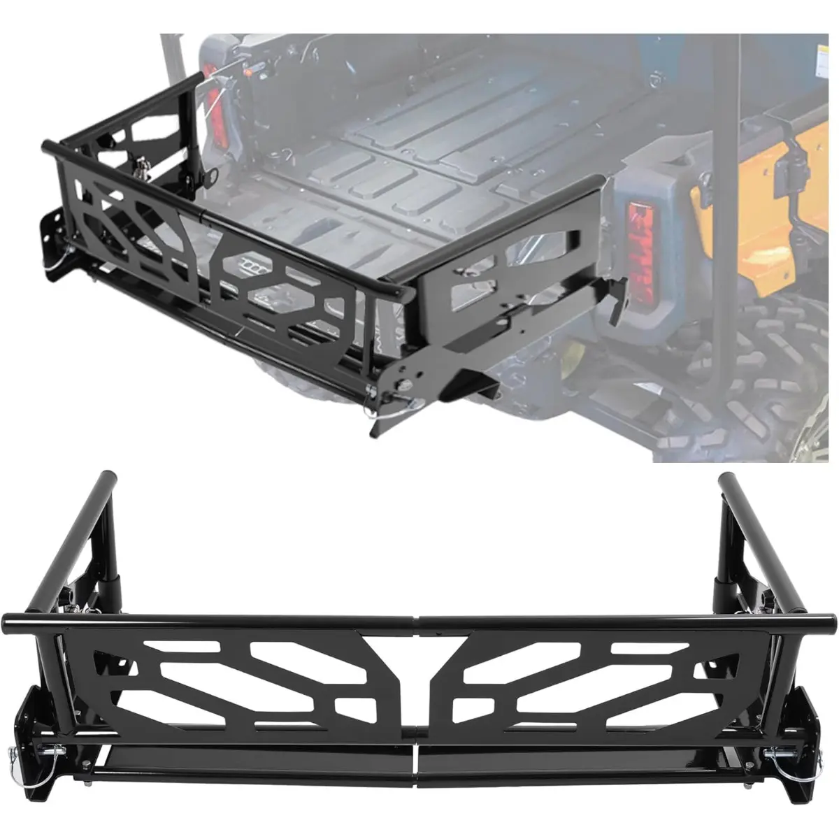 UTV Bed Extender Compatible With 2016-2024 Honda Pioneer 700-4 1000-5 Cargo Tailgate Gate Accessories Black, Fold Away Flat, Steel Frame