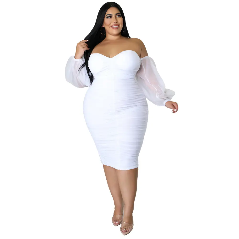 Acelyn Dress Women's Plus Size Off The Shoulder Mesh Long Sleeve Bodycon Ruched Midi Party Cocktail Dress Chic Formal Wear