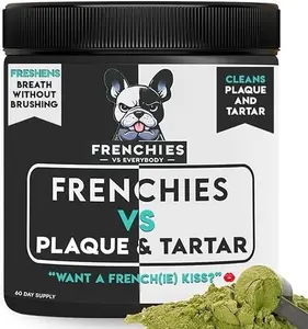 French Bulldog Optimized Dog Teeth Cleaning Powder Plaque Remover & Tartar Control - Dog Breath Freshener Strong Teeth & Gums - Dog Dental Powder Easy Teeth Cleaning - Herbal Blend - USA (60 Scoops)