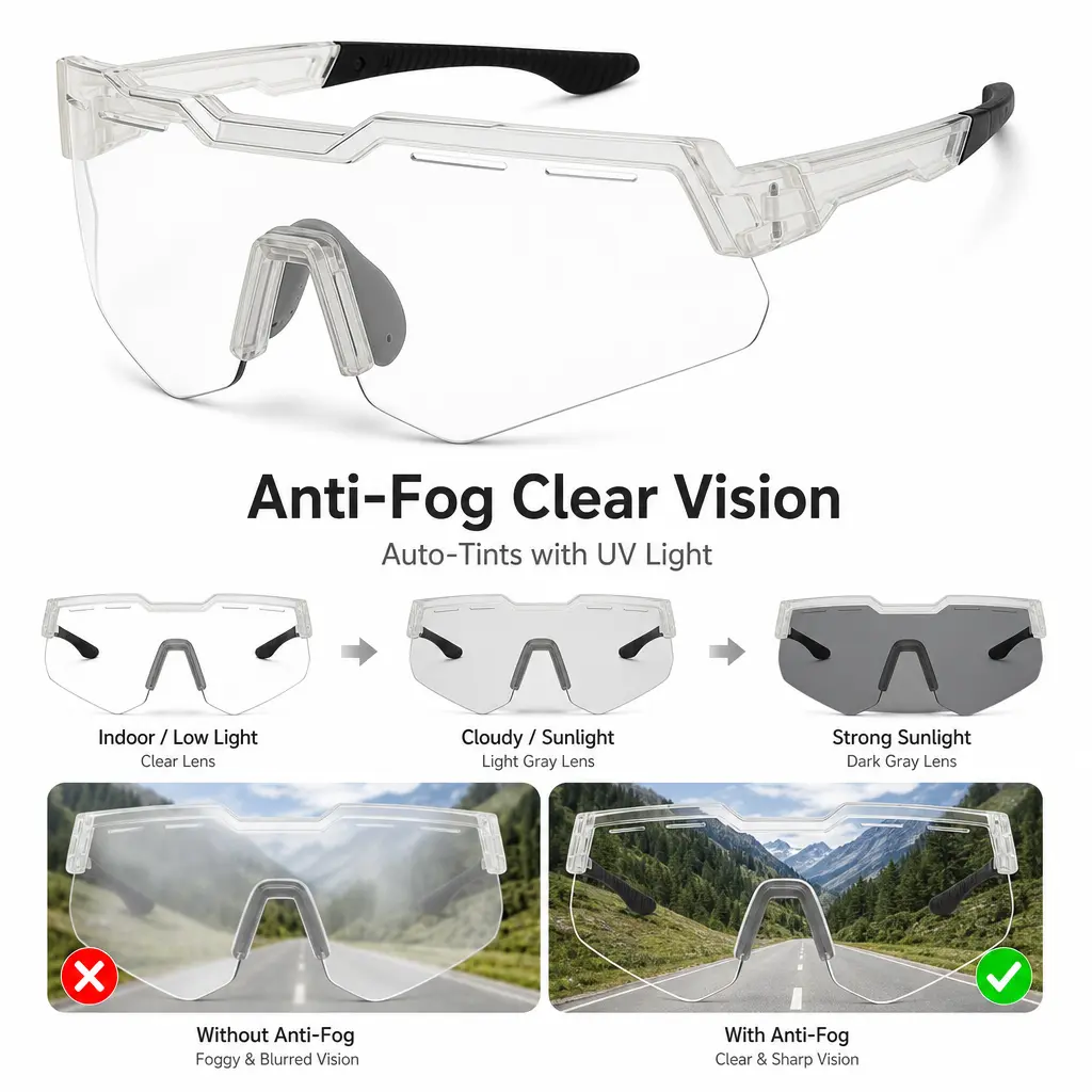 Photochromic Anti-Fog Sports Glasses for Men Women, UV400 Wraparound Protective Eyewear with Durable PC Lens and Frame for Cycling Running Driving Fishing working