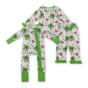 Girl's 2-Piece Green Christmas Baby Clothing Set - Infant Zip-Up Onesie, Ultra-Soft Cozy Toddler Sleepwear, Essential Xmas Gift