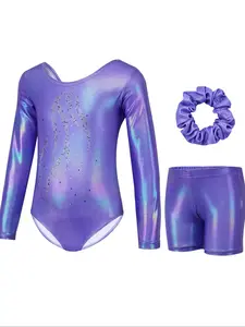 Gymnastics Leotards for Girls Long Sleeve Sparkly Rhinestone Dance Unitards Biketards with Shorts for 3-12 Years