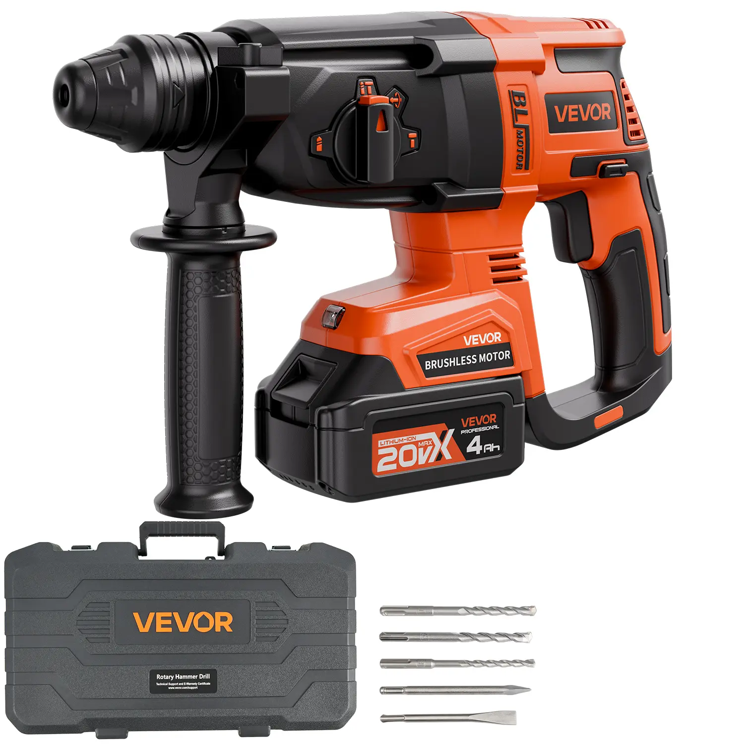 【DealsForYouDays】VEVOR 20V Brushless Cordless Hammer Drill,Lithium-Ion 1 Inch Rotary Hammer DriverSDS-Plus Electric Lightweight Power Tool Kit with Battery and Charger4 Functions1200 RPM5300 BPM, Brushless Impact Drill, Cordless Hammer Drills
