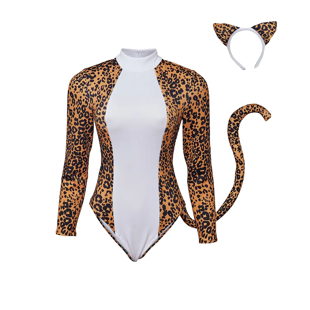 Women's Chic Josie Fitted 3-Piece Retro Leopard-Print Catgirl Cosplay Clothes Set - Breathable Comfortable Fabric, Crew Neck Knot Top, Tail-Attached Skirt, Headband, Fishnet Stockings Accessories - Machine Washable, All Seasons, Halloween Use