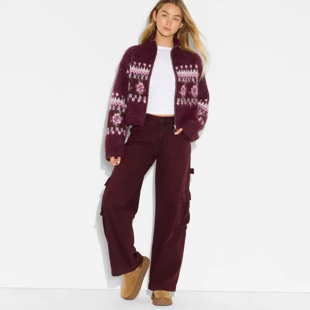 Women's Full Zip Mock Turtleneck Knitwear Cardigan - Wild Fable, Casual Fit, Ribbed, Polyester-Spandex-Nylon Fabric Garment