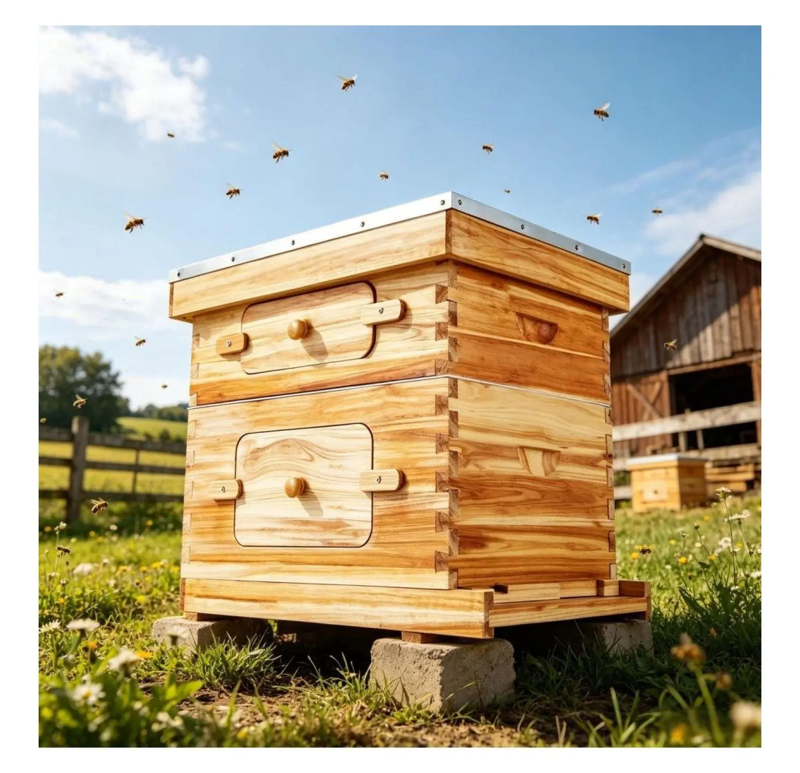 Cedar Wood Beehive - 10-Frame Beekeeping Kit for Beginners, Natural Wood Bee Box with Observation Windows, Beeswax Coating, Ventilation Ports, No Assembly Hassle, Supports Colony Growth, 44 lbs, 22.8in X 19.7in X 12.6in