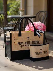 "Pray Wait Trust" Christian Tote Bag Set, 2-piece jute and canvas shoulder bags with storage pouch, suitable for carrying books, featuring cross pattern and inspirational phrases, versatile casual tote bags, Lightweight Canvas Bag