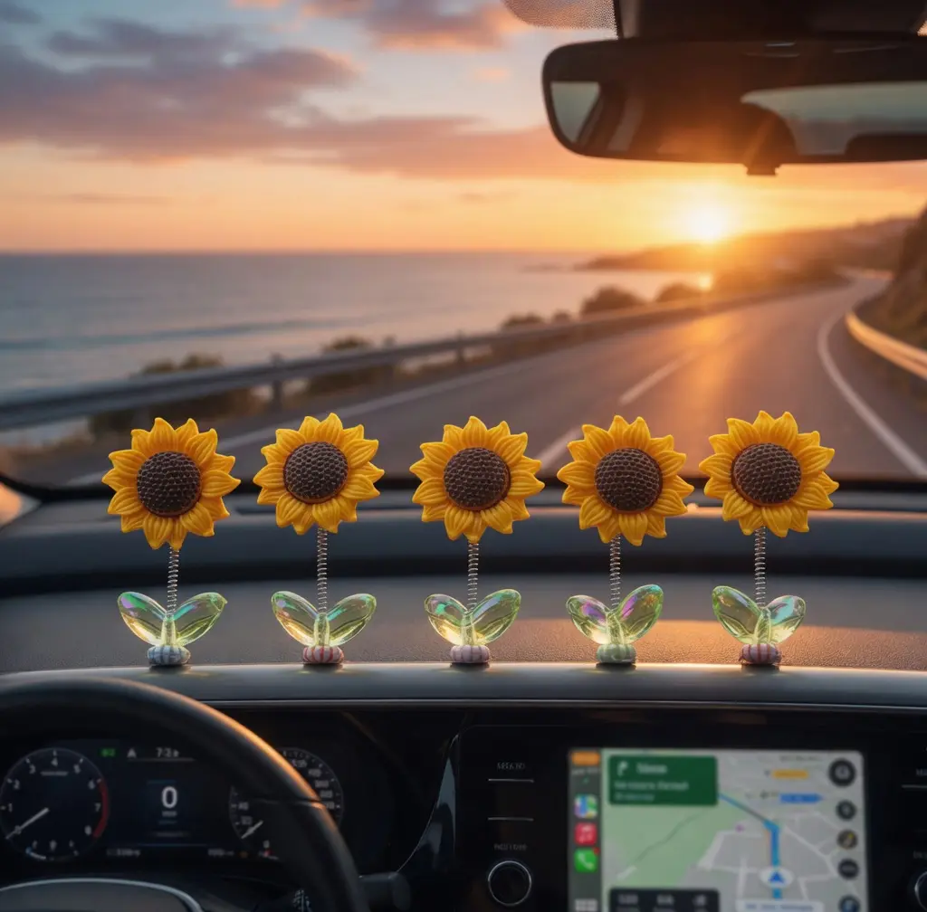 Cute Aesthetic Sunflower Shaking Spring Ornaments - Car Interior Accessory, Dashboard Decorations - Desktop Decor - Gift for Women, New Drivers - 5/15 Pack