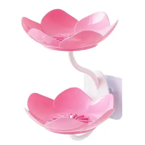 2pcs Soap Dish Holder for Shower Bar Double Layer Cute Lotus Shape Adhesive Tray Sink Wall Mounted Shampoo NO-Drilling Self Draining Hanging Saver Rack Plastic Bathroom Bathtub Kitchen，Pink，Bathroom Supplies, Bathroom Organization