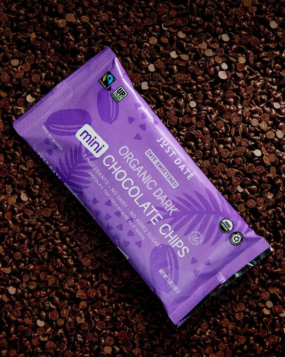 Just Date Organic Mini Dark Chocolate Chips 4 Pack, No Sugar Added, Dairy-Free, Date Sweetened, Only 3 Ingredients, 7 oz Bags (Pack of 4)