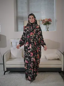 Women's Floral Print Long Sleeve Maxi Prayer Dress with Scarf, Elegant Bishop Sleeve Long Robe, Muslim Clothing for All Seasons