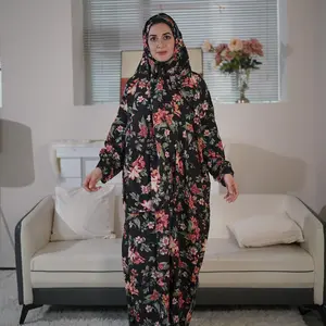 Women's Floral Print Long Sleeve Maxi Prayer Dress with Scarf, Elegant Bishop Sleeve Long Robe, Muslim Clothing for All Seasons