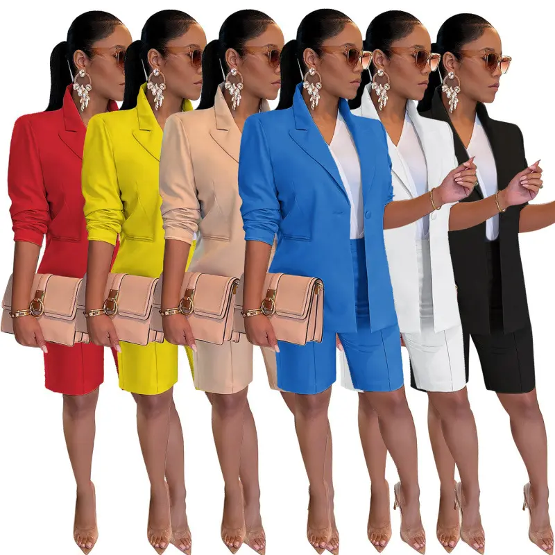 Women's 2-Pieces Solid Long Sleeve Blazer & High-Waist Bermuda Pants Matching Set, Lightweight Polyester Plus Size Business Casual Office Outfit, Multi-Size Urban Elegant Crop Pants Suit, Two-Pieces