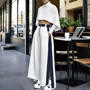 INCERUN Menswear 2-Piece Men's Outfit - Chunky High-Neck Cropped Cape Top, High-Waist Wide-Leg Colorblock Slit Trousers - Athletic Street Style Set for Spring, Autumn Parties (Pair with Sneakers)