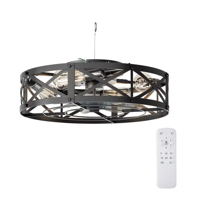 edx 19" Farmhouse Flush Mount Ceiling Fan with Light & Remote, Reversible Blades, Bladeless Safety Cage, 6 Speeds, 8H Timer, Rustic Low Profile Ceiling Fan for Bedroom Kitchen Living Room, Black