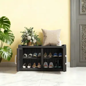 45/60 Gallon Modern Shoe Cabinet & Storage Bench, Waterproof UV-Resistant PP Material – 550 lbs Capacity, Wood Grain, Detachable Shelves, Extra Seating or Table for Entryway, Patio, Garden Summervibes