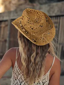 Women's Boho Straw Cowboy Hat, Cowboy Style Hat, Foldable Beach Sun Protection Cap, Wide Brim Design, Perfect Summer Accessory, Fashionable and Protective