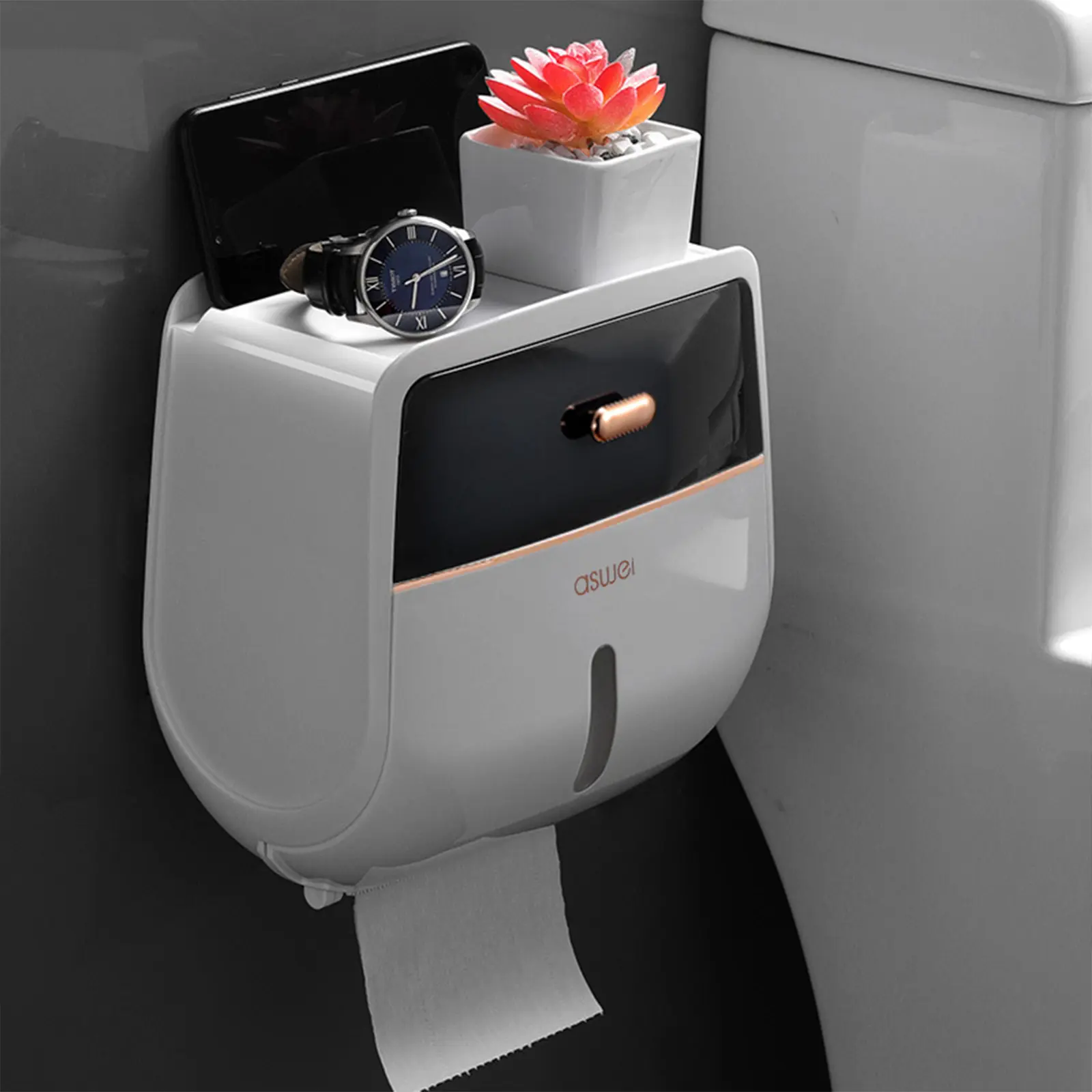 KZMYR Wall Mounted Tissue Holder with Shelf, No Drill Toilet Paper Holder with Storage Drawer, Adhesive Bathroom Organizer for Phone, Wipes, Tissue, Kitchen, Bedroom & Small Spaces