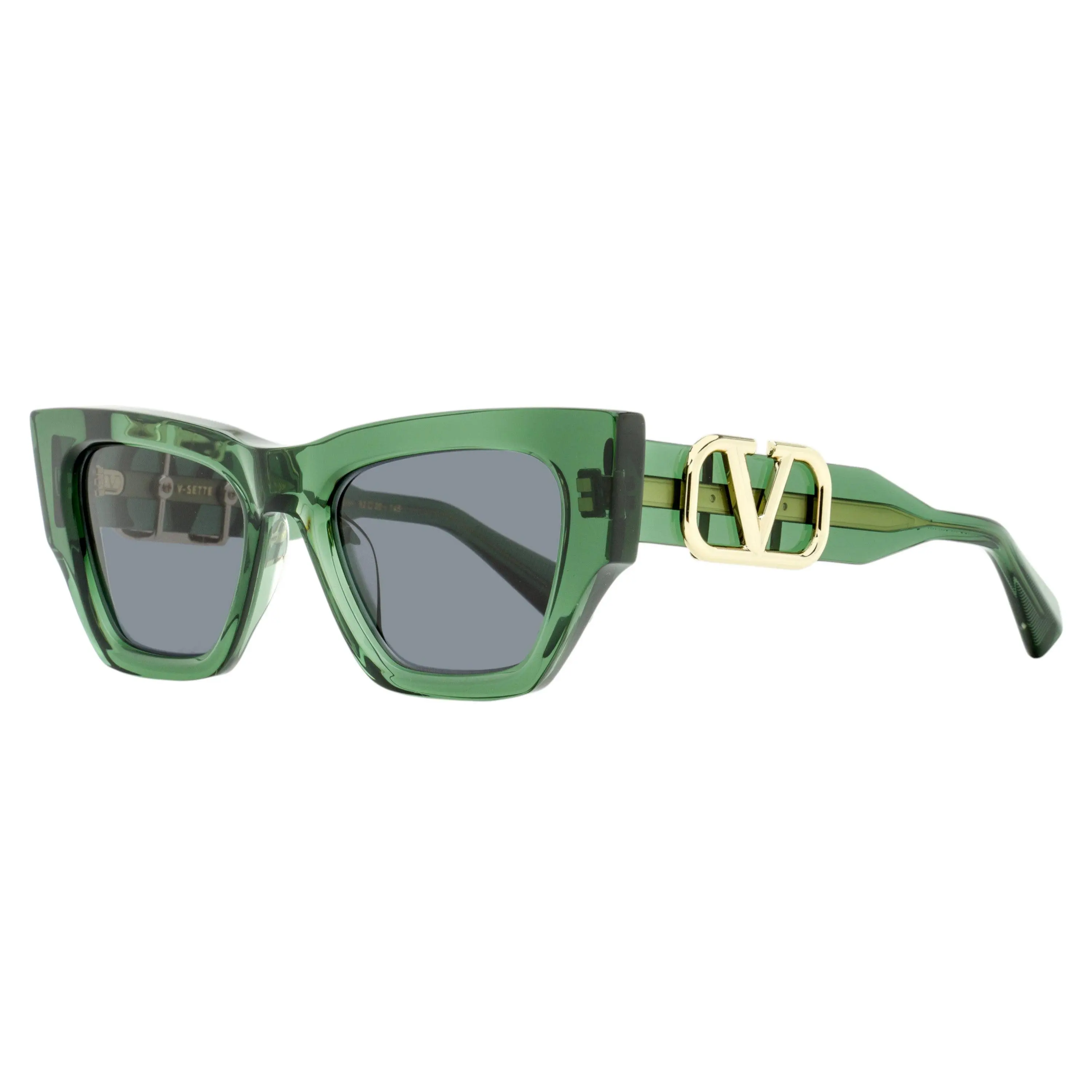 Valentino V-Sette Bold Oversized Square Full Rim Luxury Sunglasses, VLS-166 D, Transparent Green, 52mm, Acetate, UV Protection, Elevated Detailing, Gold-Tone V Logo Plaque, Strong Sculptural Lines
