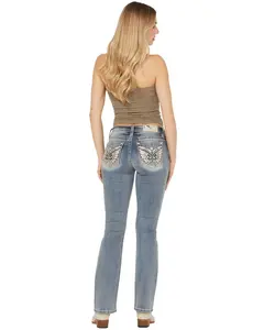 Miss Me Women's Medium Wash Mid Rise Americana Pocket 32" Bootcut Stretch - M3080b74v