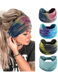Boho Tie-Dye Wide Headband Set, Soft Elastic Yoga Hairbands, Workout Headband, Elastic Headbands, Casual Style Women's Accessories, All Season Wear (set of 4)