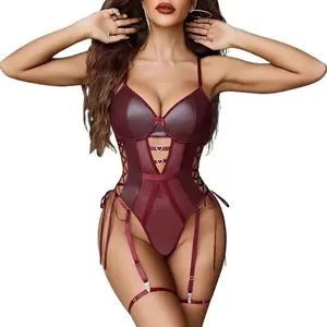 Women's Leather Teddy Lingerie Set, Mesh Sheer Bodysuit with Garter Belt, S-XXL, Strappy Soft Adjustable Snap Crotch Design