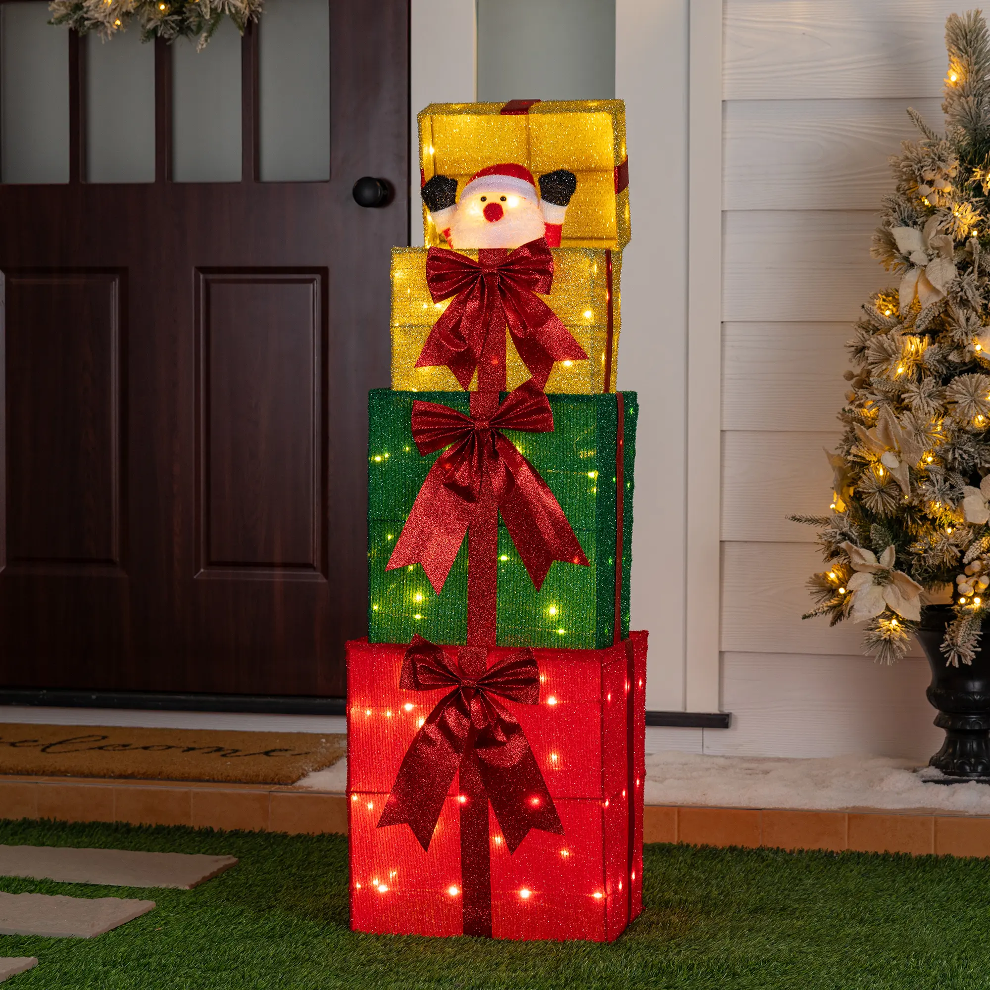Glitzhome 40-in Modern Christmas Animated Stacked Giftbox Decor Set with 120 Warm White LED Lights, Extendable Mesh Design, Outdoor/Indoor