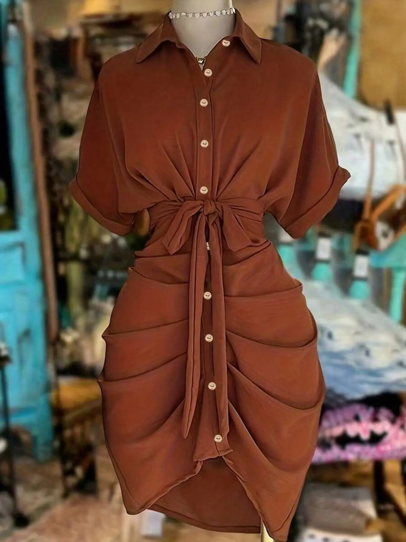 Women's New Stand Collar Single Button Waist Cinched Batwing Short Sleeve Shirt Dress, Stylish Chic Aesthetic Summer Fashion, Casual Wear, Adjustable Belted Dress, Womenswear