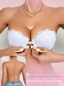 Women's Double-Front-Closure Bandeau Bra with Lift-and-Lift Effect and Removable Straps Backless Strapless Summer Everyday Bandeau Bra Comfortable and versatile, suitable for dresses and gowns