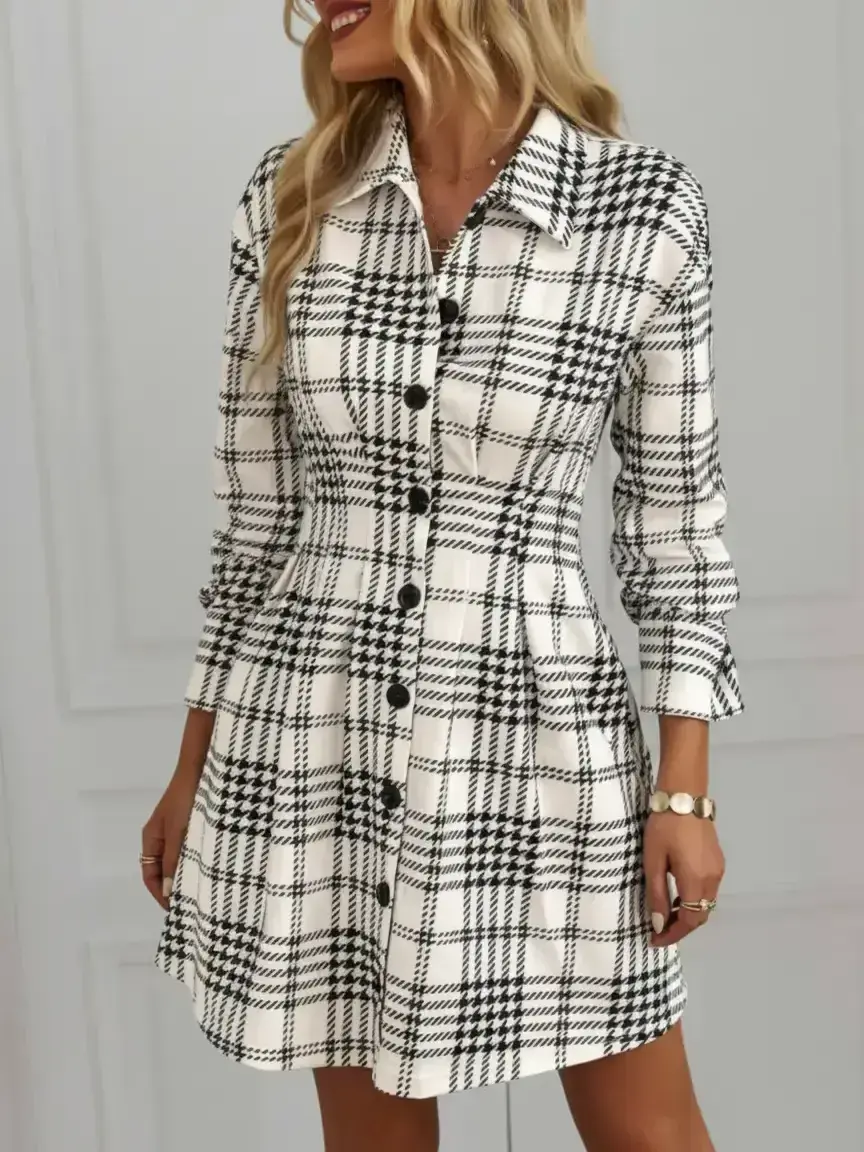 Women's Plaid Stand Collar Slim-Fitting A-Line Dress, Collared, Fall & Winter Office Party Wear, Elegant Chic Indoor Outdoor Clothing Womenswear Fashion