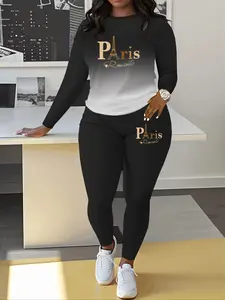 Women's Ombre Print Long Sleeve Sweatshirt & Elastic Waist Pants Two-piece Set, Casual Round Neck Pullover & Skinny Trousers for Spring & Fall, Women's Clothes for Daily Wear Fit Womenswear