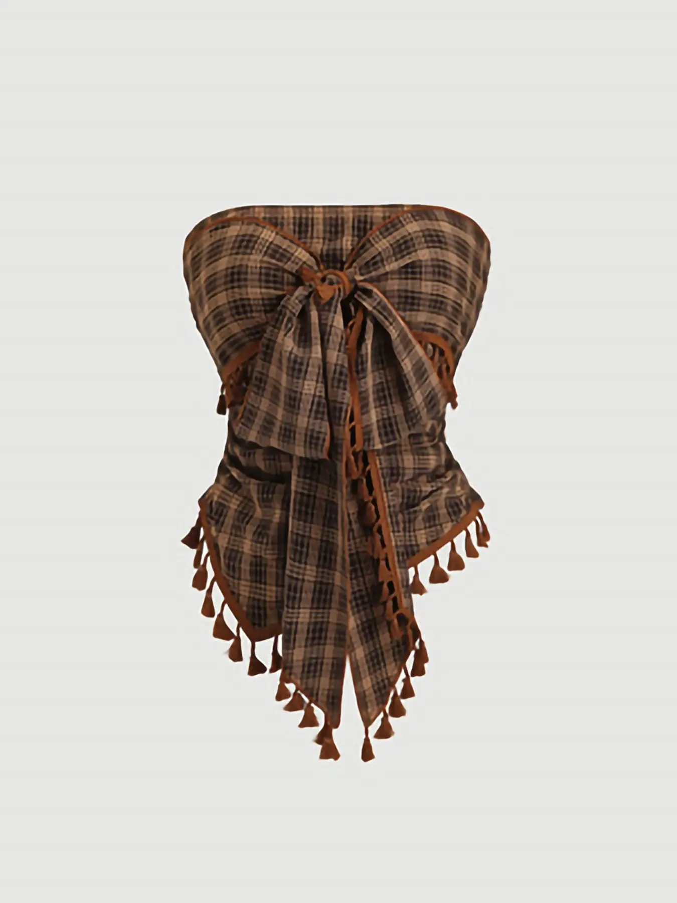 Women's French Vintage Plaid Fringe Trim Bow Design Short Tube Top, Bow Decor Camisole Top, Perfect for Parties, Evening Events and Vacations, Elegant Style Top, Cami Sleeveless Top