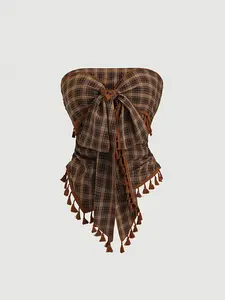 Women's French Vintage Plaid Fringe Bow Short Cami Top, Womenswear, Perfect for Parties, Party Ready, Evening Events, Holiday Vacations, Elegant Style