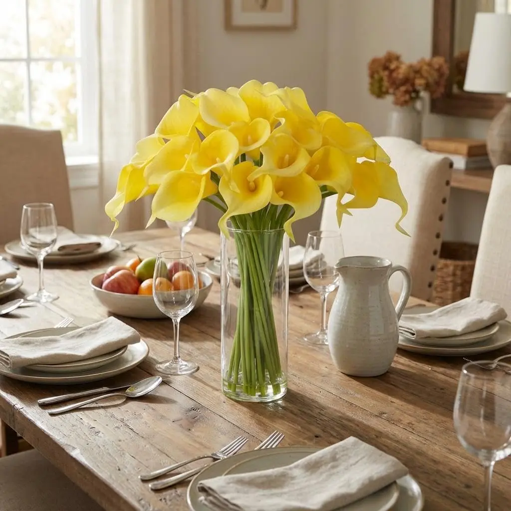 【GARVEE】Lifelike Real Touch Calla Flower Artificial Flowers with Glass Vase & Faux Water – 24 Deluxe Latex Stems for Wedding Centerpieces, Home or Office Table Decor – Sunny Yellow