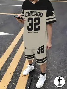 Boys' Fashion Sportswear Set, Digital 32 Print, Lightweight Comfortable, Casual Breathable Quick-Dry, Golf Fishing Basketball Camping Gym Swim, Tee Shorts Set