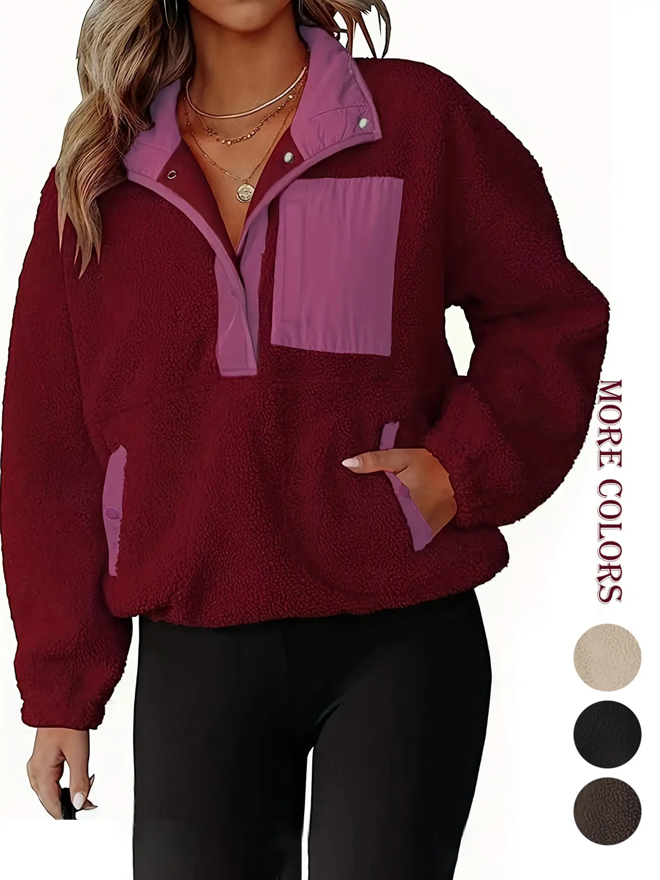 Women's Colorblock Polar Fleece Fitted Long Sleeve Sweatshirt Fashionable Jacket Coats, Half-Button Pullover, Casual Warm Winter Essential Outerwear with Pockets