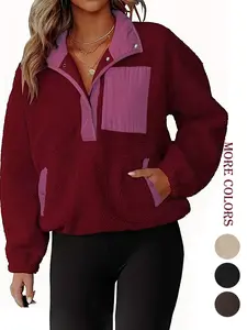 Women's Colorblock Polar Fleece Sweatshirt, Half-Button Pullover, Casual Warm Winter Outerwear with Pockets