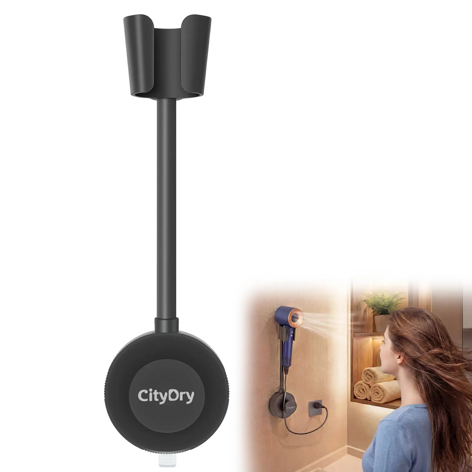 Wall-Mounted Hands-Free Hair Dryer Holder with 360° Rotatable Adjustable Hose, Positionable Arm, Strong Suction Adhesive Base for Mirror, Ceramic Tile Bathroom Storage Gadget