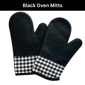 Black Silicone Oven Mitts & Pot Holders Set, Durable, Heat-Resistant Kitchen Gloves for Baking & Grilling