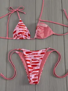 Fish Print Reversible Triangle Tie Side Bikini, Striped Halter Two-Piece Swimsuit, Women's Summer Beachwear, Comfortable and Stylish