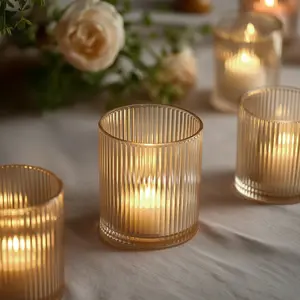 12 Pack Ribbed Glass Votive Candle Holders – Amber Gold, 2.5" Tealight Cups for Tabletop Lighting