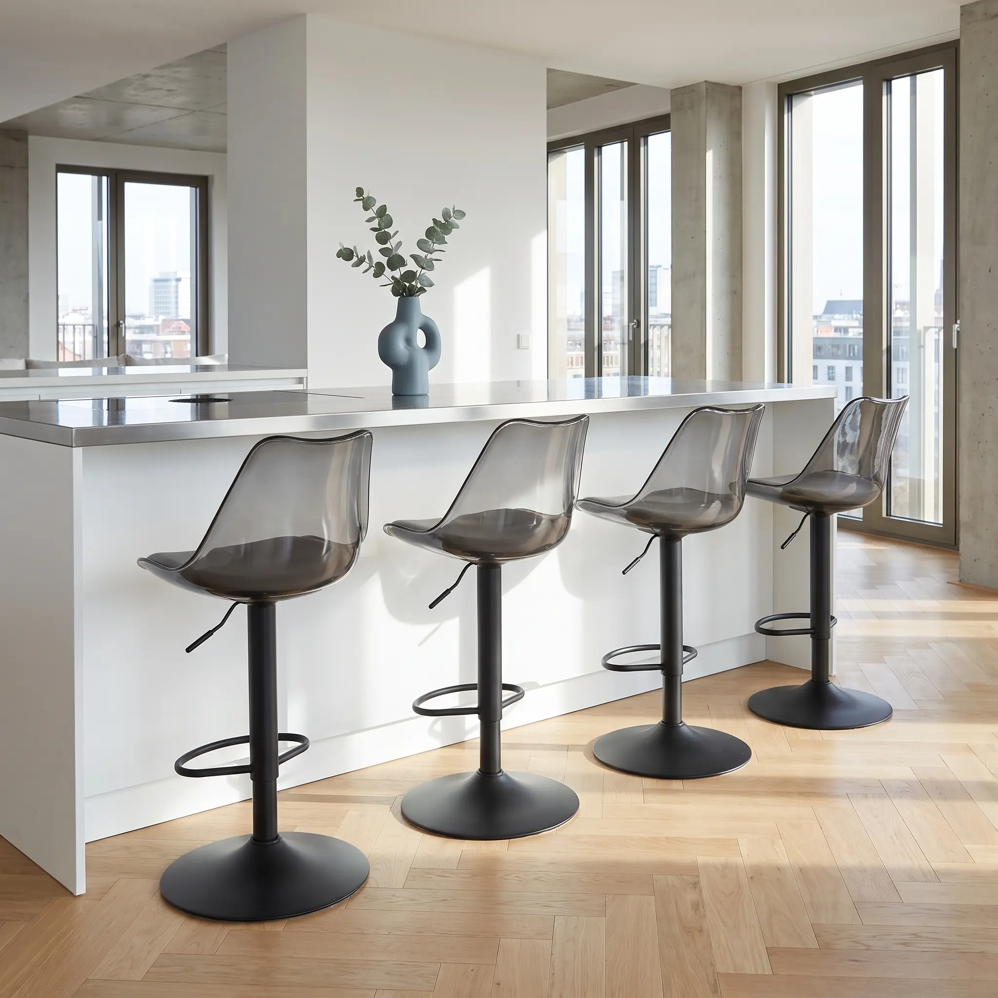 Adjustable Height Modern Armless Bar Stools - Transparent Plastic Seats, Black Legs, Assembly-Required Indoor Furniture for Contemporary Kitchen, Living Room, Barstools