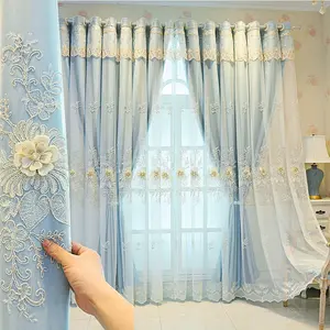 European Custom Double Layer Thick Embossed Pearl Lace Curtains, Home Decoration Curtain, Full Light Blocking High-End Curtain Set for Living Room Bedroom