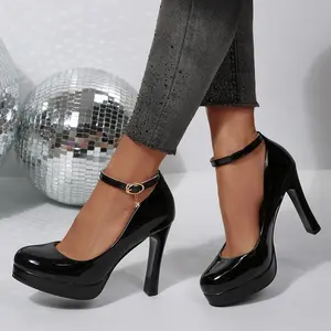 Women's Trendy High-Heeled Sandals Patent Leather Platform High Heels Round Toe Ankle Strap Work & Weekend Shoes