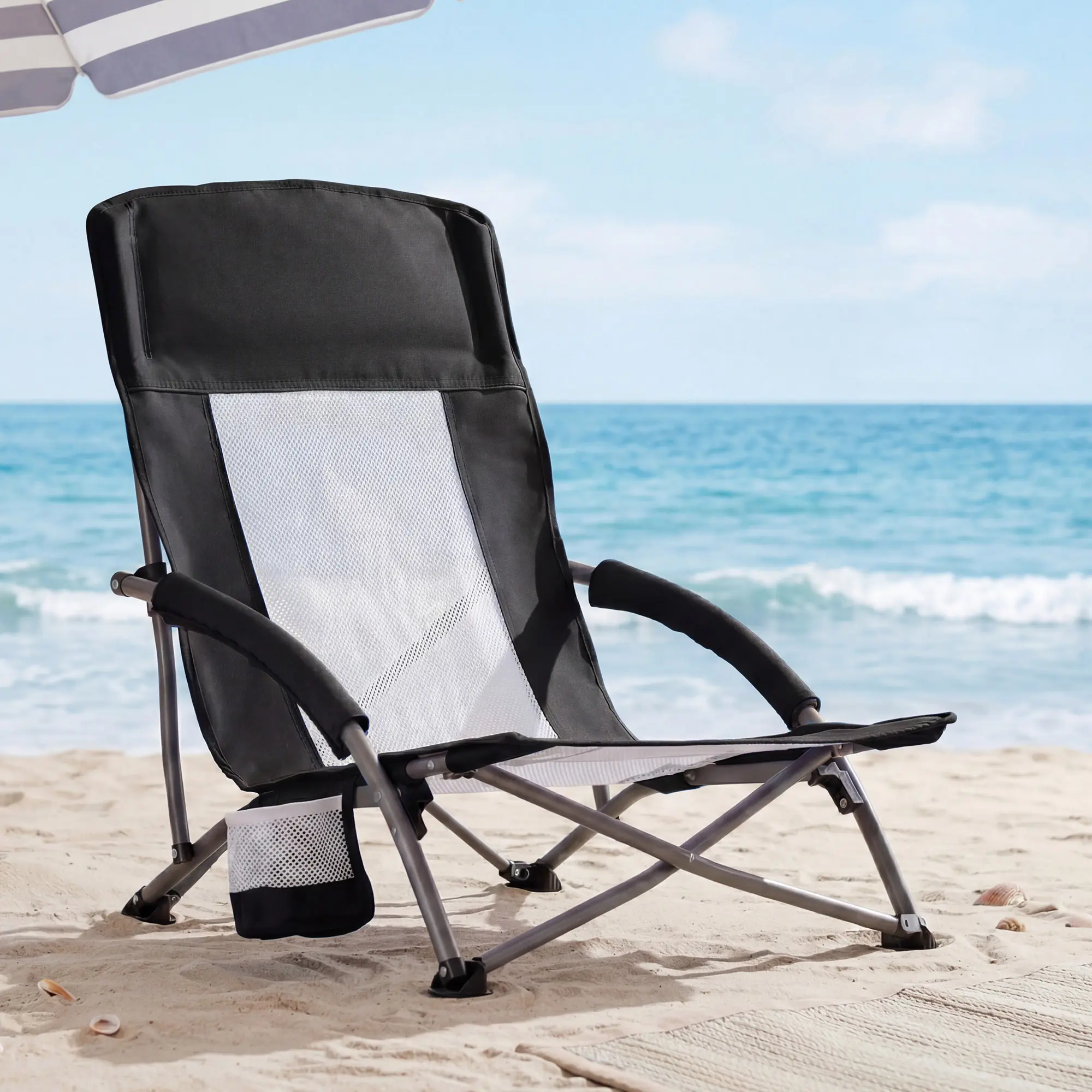 Low Beach Chair With Padded Armrests And Cup Holder, Lightweight Folding Portable Chair With Storage Pocket And Mesh Back, 250 LB Capacity Steel Frame For Camping Picnic And Sand