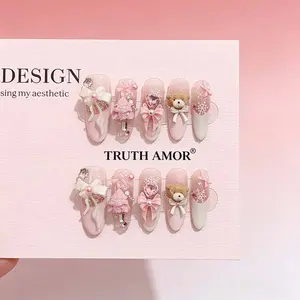 10 Pieces｜"Sweet Girl Bear" 3D Strawberry Bow Hand-Painted Press-On Nails｜Kawaii Style·Brightening & Age-Reducing·Daily Commute×Date Look×Girly Outfit Essential,nail kit set，nail kit，my nail set，Bedazzled kit
