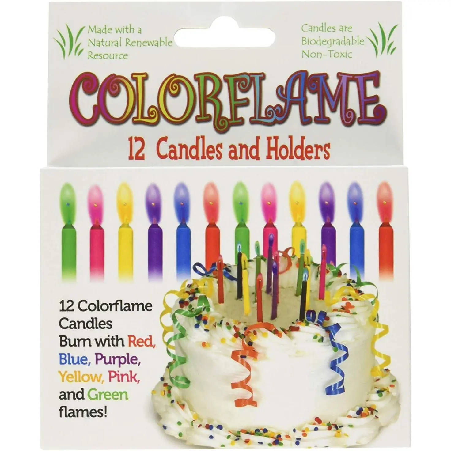 Colorflame Colored Flame Happy Birthday Candles - 12 Per Box, Unisex, 0.18” Diameter, 8 Minutes Burning Time, Water Soluble Cake Decorations, Home & Festive Party Supplies