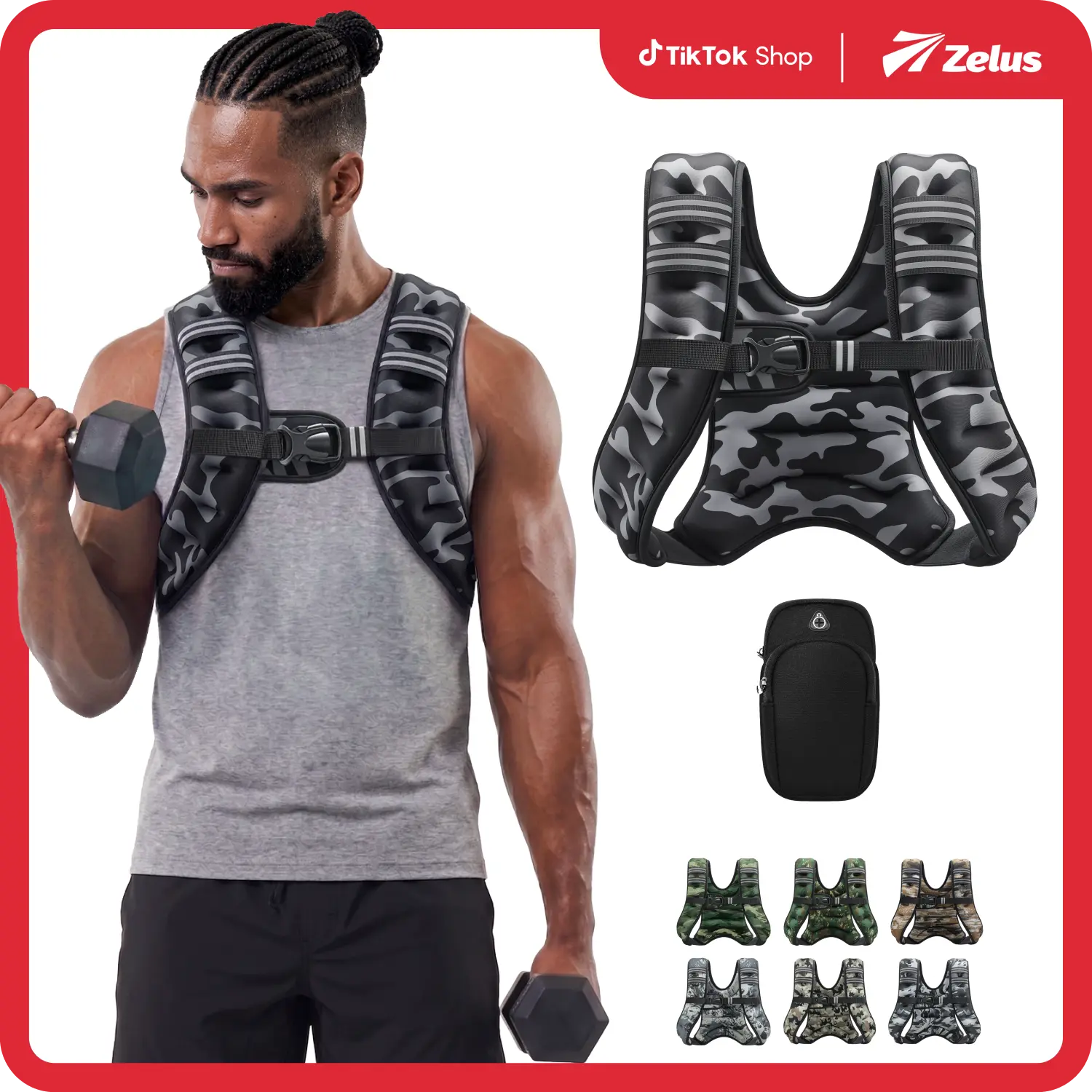 【BackToSchool】ZELUS Urban Tactical Military-Style Weighted Vest 6–30lb Camo with Reflective Stripe Detachable Phone Pouch & Adjustable Straps for Walking Workout Motivation & Strength Training|#tiktokshopbacktoschool