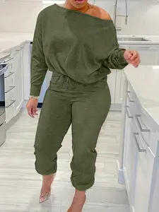 Women's Plus Size Casual One-Shoulder Long Sleeve Top and Pants Two-Piece Set, Comfortable and Stylish for Daily Wear